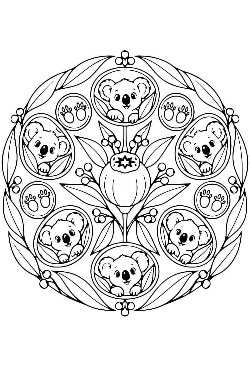 Dessin circulaire en noir et blanc composé de six koalas souriants dans des médaillons, de quatre cercles contenant des empreintes de pattes et d’une capsule centrale, entourés de feuilles allongées et de petits boutons ronds.