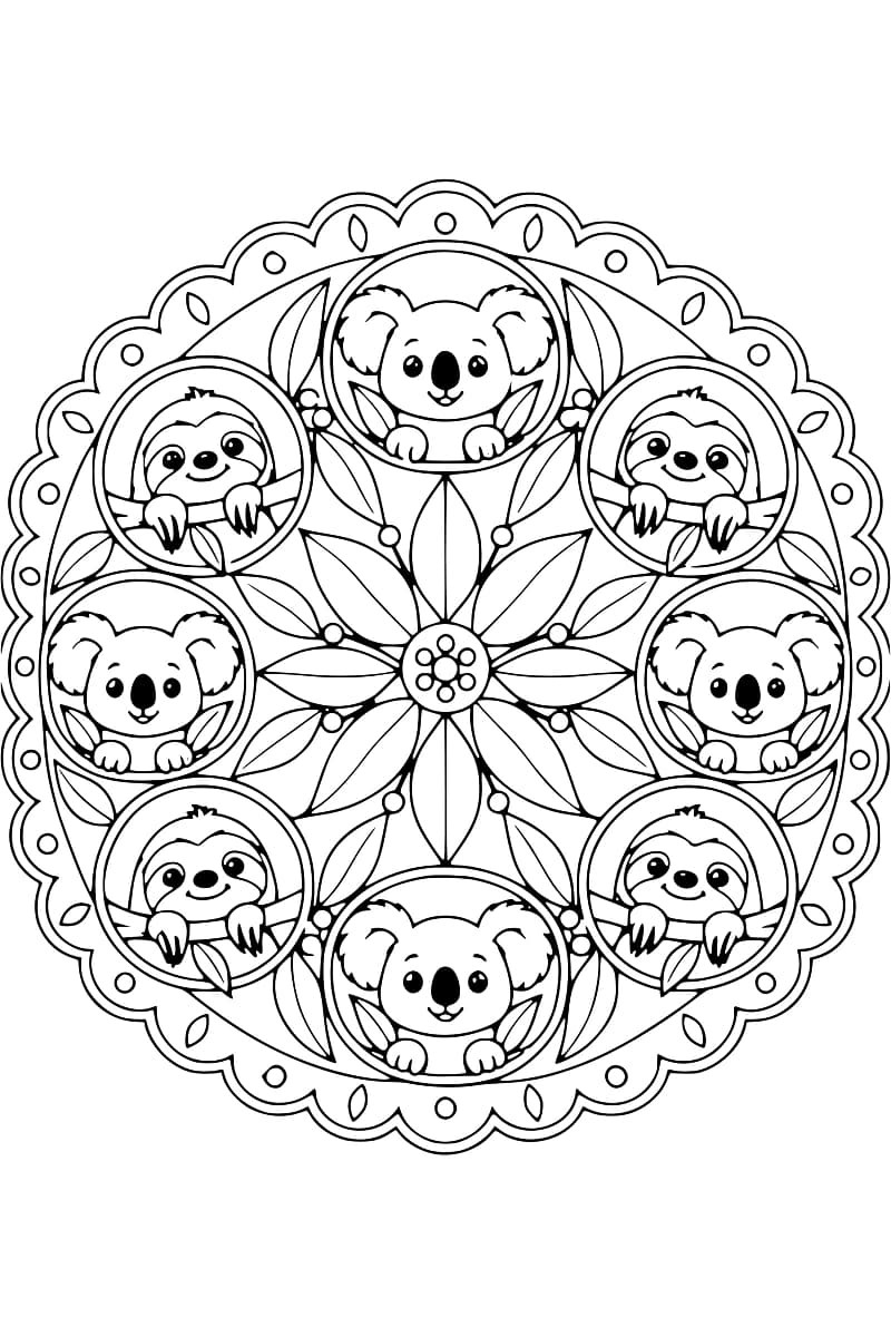 Mandala en noir et blanc composé de huit médaillons où alternent des koalas et des paresseux accrochés à des branches, autour d’une rosace centrale de feuilles, avec une bordure festonnée ornée de ronds et de petites feuilles.