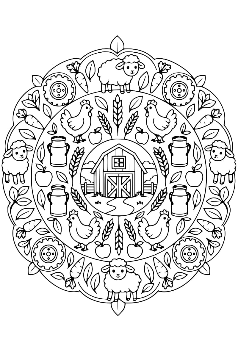 Dessin en noir et blanc d’un mandala agricole avec une grange au centre, entourée d’animaux, de récoltes, de légumes et d’éléments de ferme.
