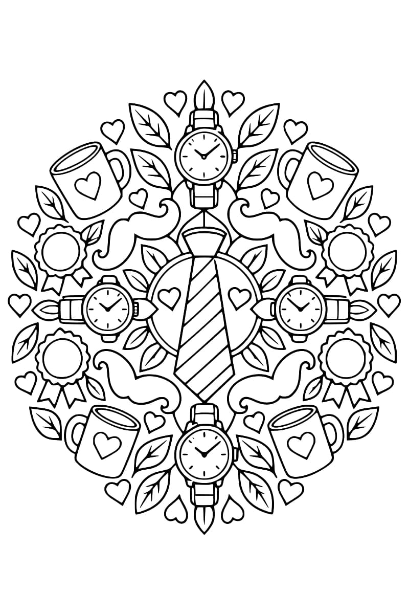 Mandala en noir et blanc avec une cravate au centre, entourée de moustaches, de montres, de tasses ornées de cœurs, de feuilles et de médailles.