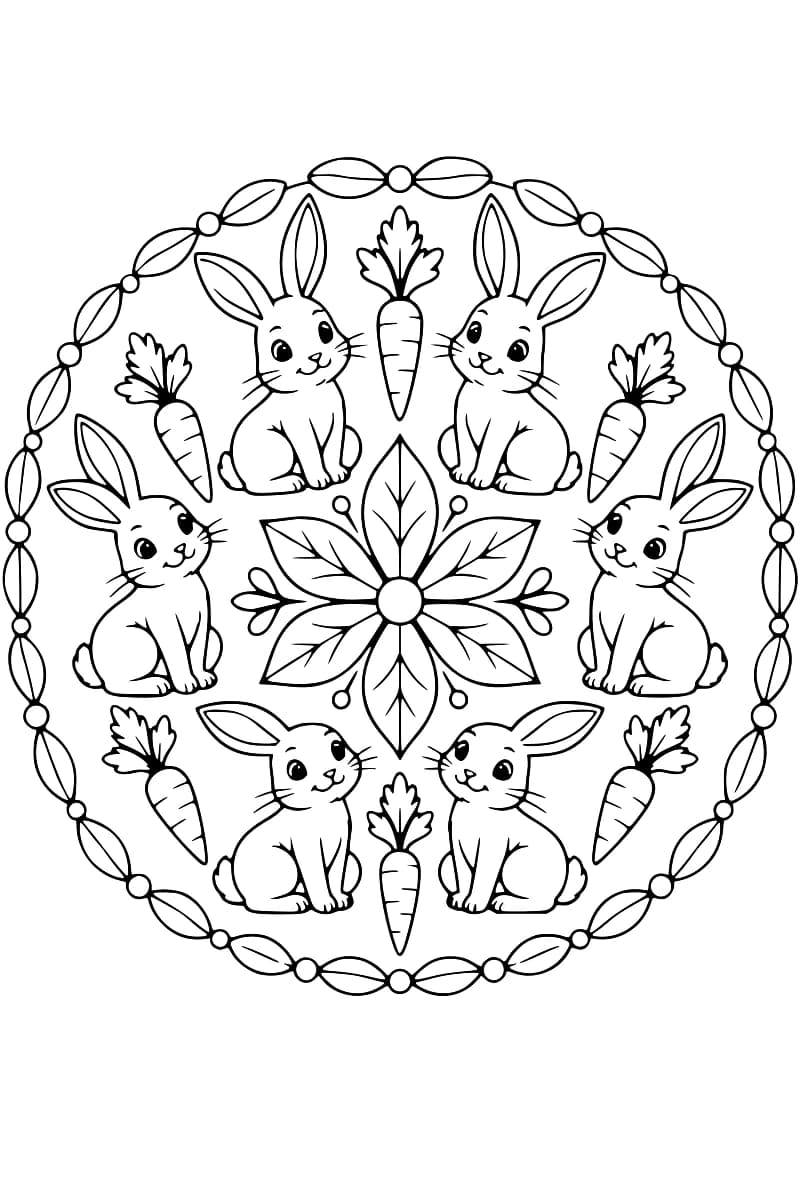 Dessin en noir et blanc de six lapins assis alternant avec six carottes autour d’une rosace à six feuilles, le tout entouré d’une bordure ovale de feuilles et de petits cercles.