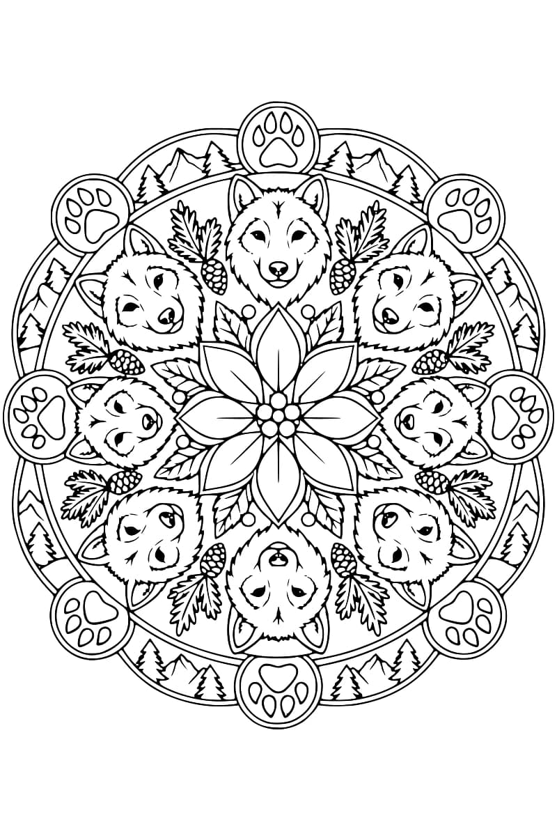 Dessin circulaire en noir et blanc composé de huit têtes de loups autour d’une fleur à huit pétales, avec des branches et des pommes de pin entre les loups, des empreintes de pattes dans des médaillons et une bordure de sapins et de montagnes.