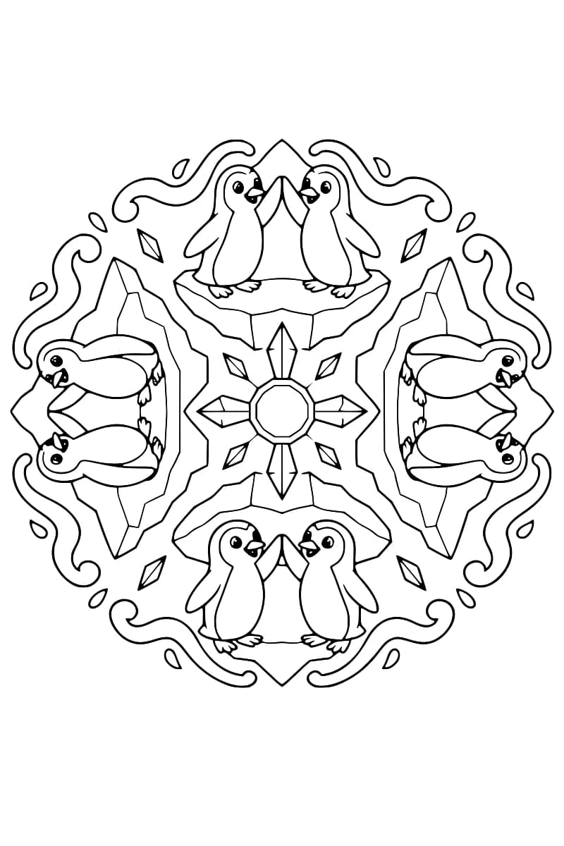 Dessin en noir et blanc de huit manchots disposés en quatre paires autour d’un cristal central, avec des blocs de glace, de petits losanges et des volutes.