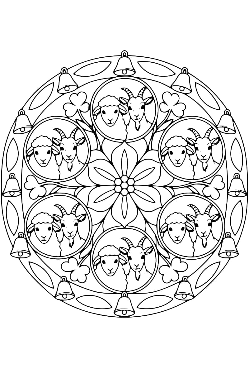Dessin circulaire en noir et blanc composé de six médaillons contenant chacun une tête de mouton et une tête de chèvre, disposés autour d’une grande fleur, avec des trèfles, des feuilles et des clochettes.