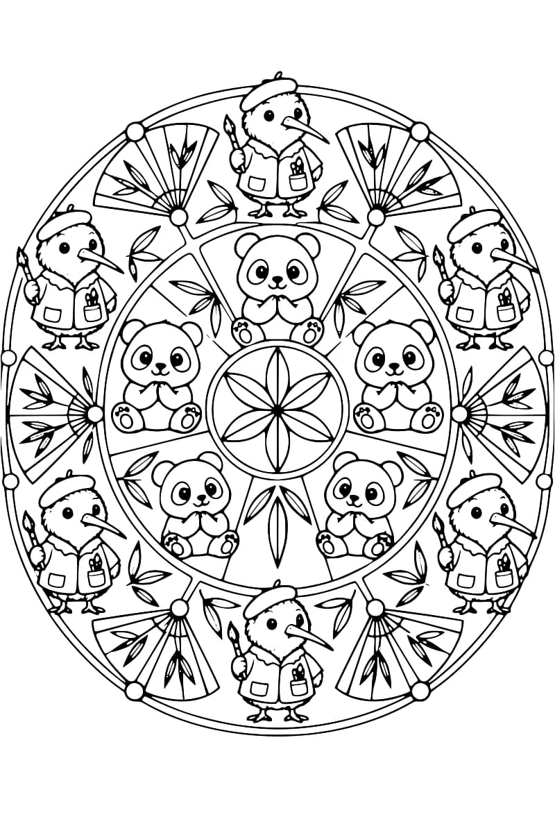 Dessin en noir et blanc d’un mandala avec cinq pandas assis autour d’une fleur à six pétales ; sur le pourtour, six kiwis portant un béret et une blouse tiennent un pinceau, en alternance avec des éventails ornés de feuilles.