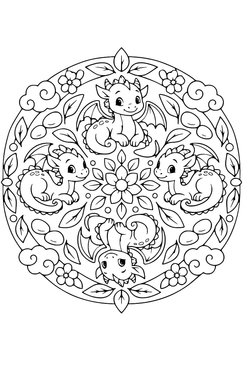 Dessin en noir et blanc d’un mandala avec quatre petits dragons, des fleurs, des feuilles et des nuages.