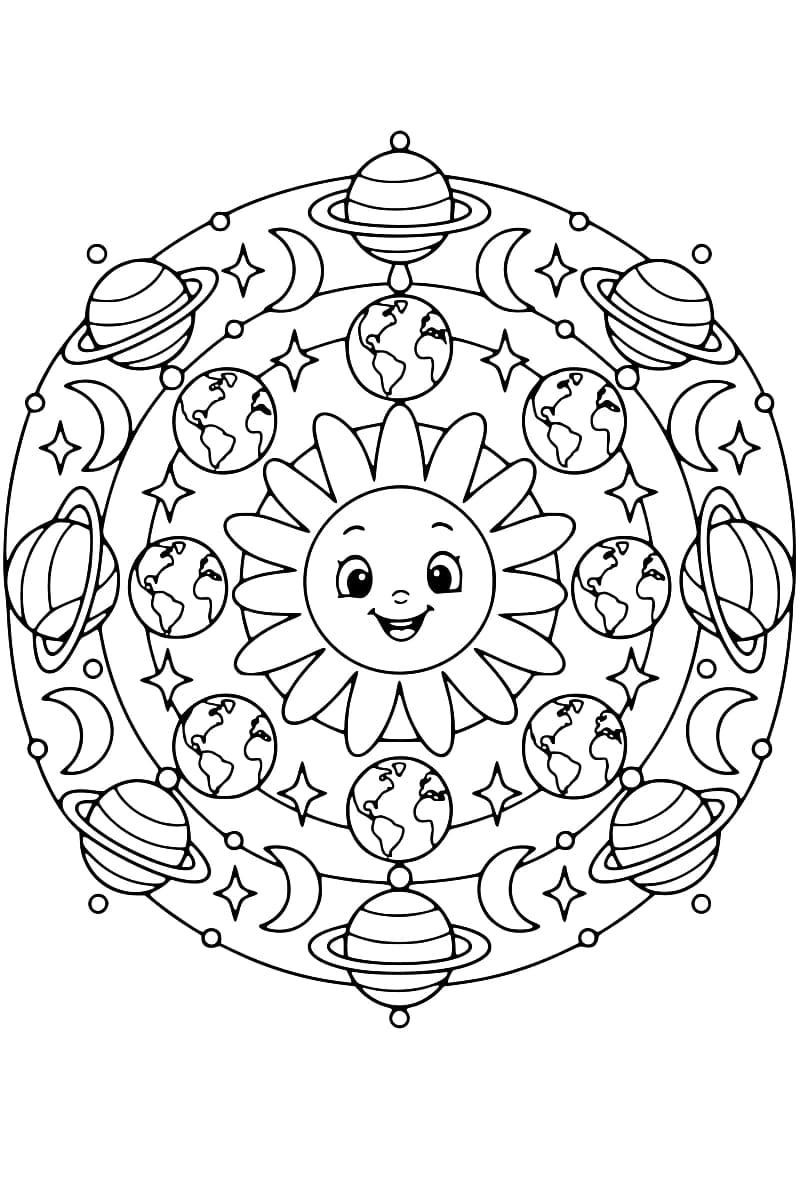 Dessin circulaire en noir et blanc avec un soleil souriant au centre, entouré de globes terrestres, puis de planètes à anneaux, de croissants de lune, d’étoiles et de petits cercles.