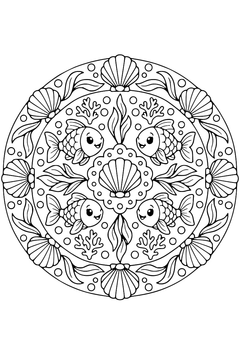 Dessin circulaire en noir et blanc montrant quatre poissons au centre, entourés de coquillages, de coraux, d’algues et de bulles.