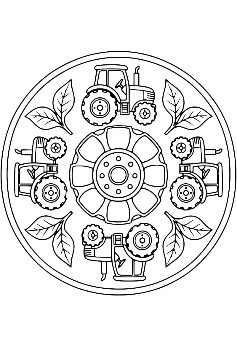 Dessin en noir et blanc représentant quatre tracteurs disposés autour d’une grande roue, avec quatre paires de feuilles et une double bordure circulaire.