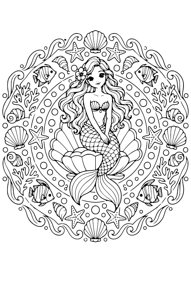 Dessin en noir et blanc d’une sirène au centre d’un mandala symétrique composé de motifs marins.