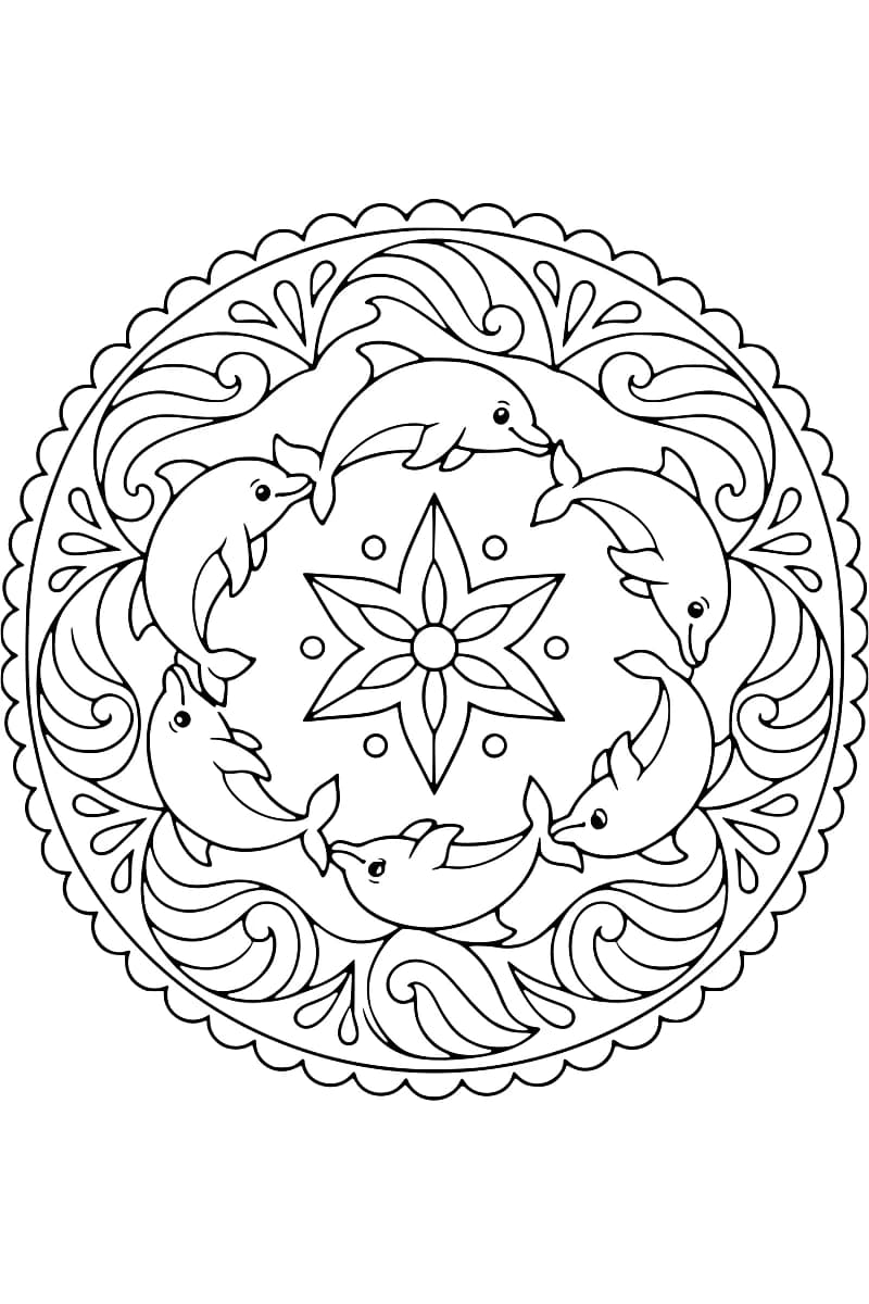 Dessin en noir et blanc de six dauphins disposés en cercle autour d’une étoile à six branches aux motifs de pétales, avec de petits cercles, des vagues et des gouttes dans une bordure festonnée.