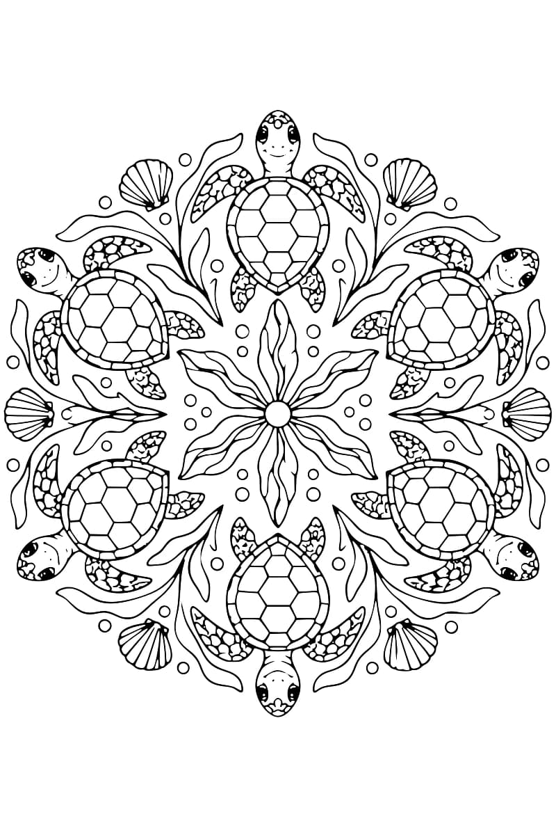 Dessin en noir et blanc de six tortues marines disposées en cercle autour d’une rosace de feuilles, avec des algues ondulantes, six coquillages et de petites bulles.