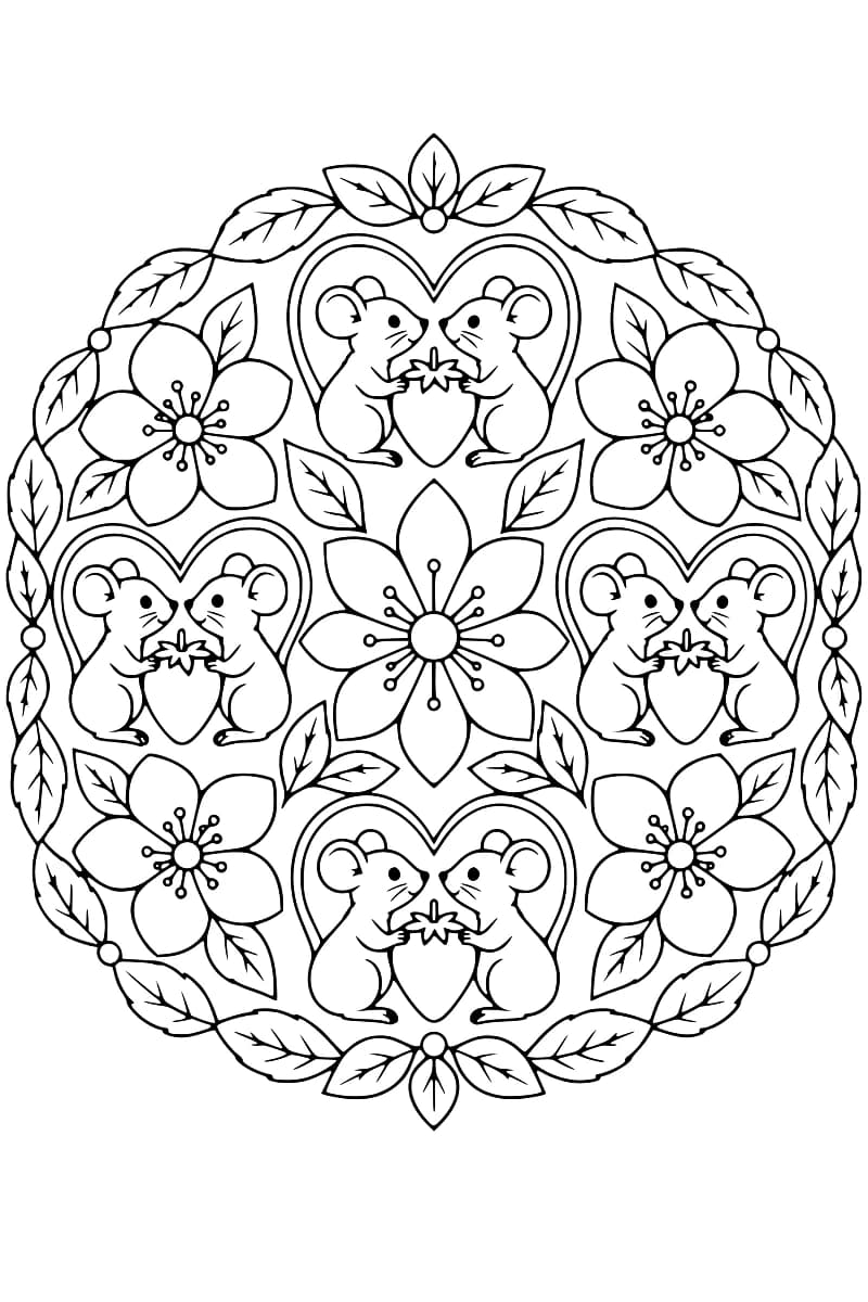 Mandala en noir et blanc avec huit souris réparties par paires autour d’une grande fleur centrale, chaque paire tenant une fraise sous des queues courbées en cœur, parmi quatre autres fleurs et une bordure de feuilles.