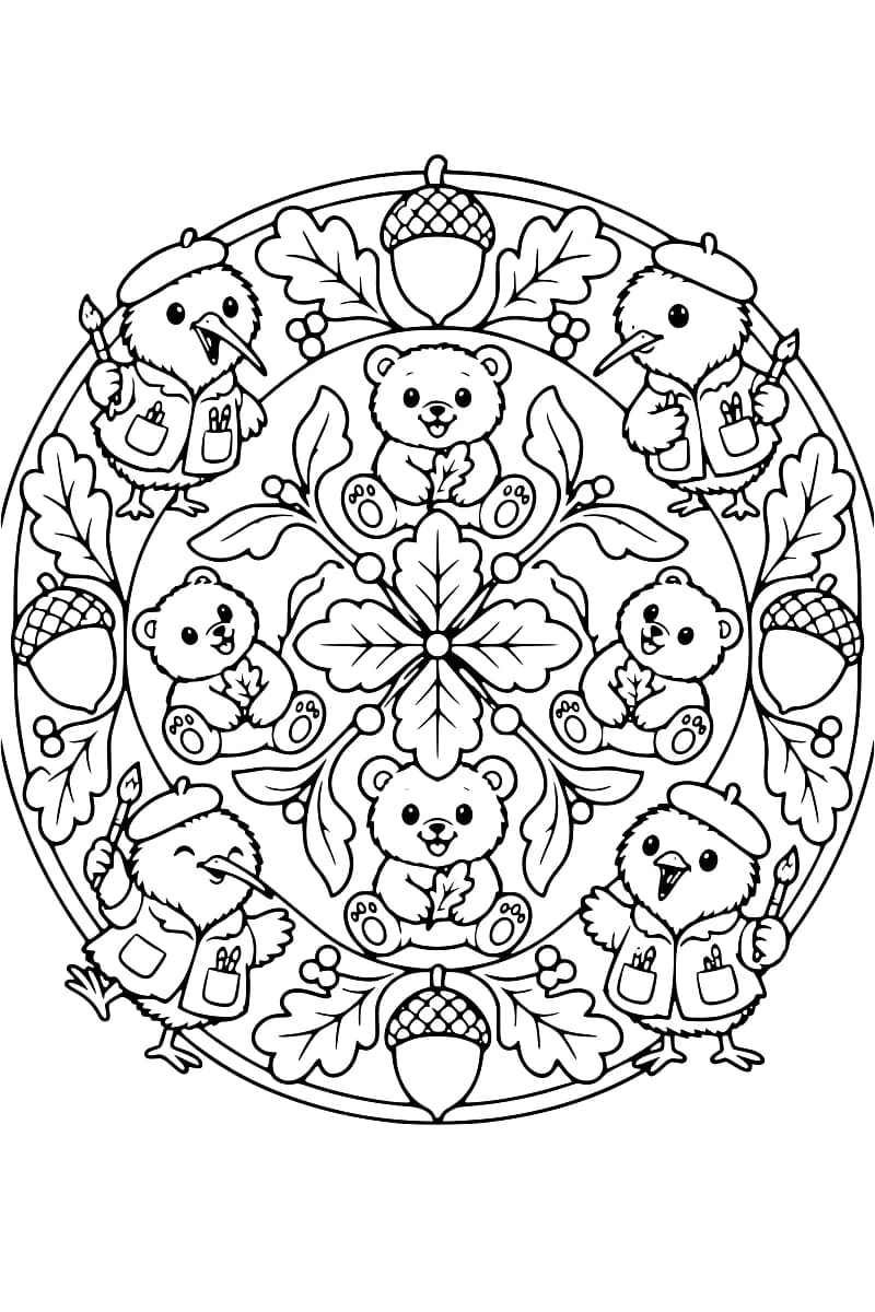 Dessin en noir et blanc d’un mandala avec quatre oursons assis et quatre oiseaux à long bec portant un béret et une veste à poches, entourés de feuilles de chêne, de glands et de petites baies.