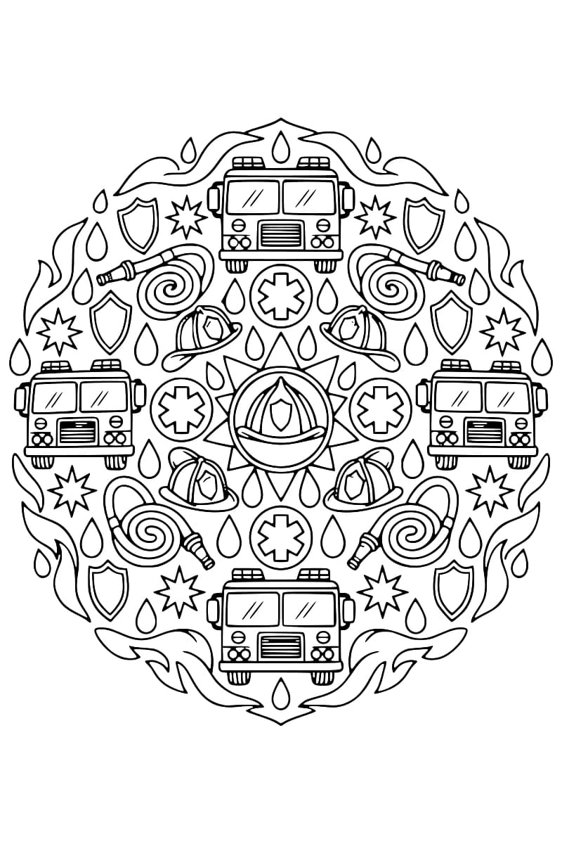 Dessin en noir et blanc d’un mandala avec des camions de pompiers, des casques, des tuyaux, des flammes, des gouttes d’eau et des croix de secours.