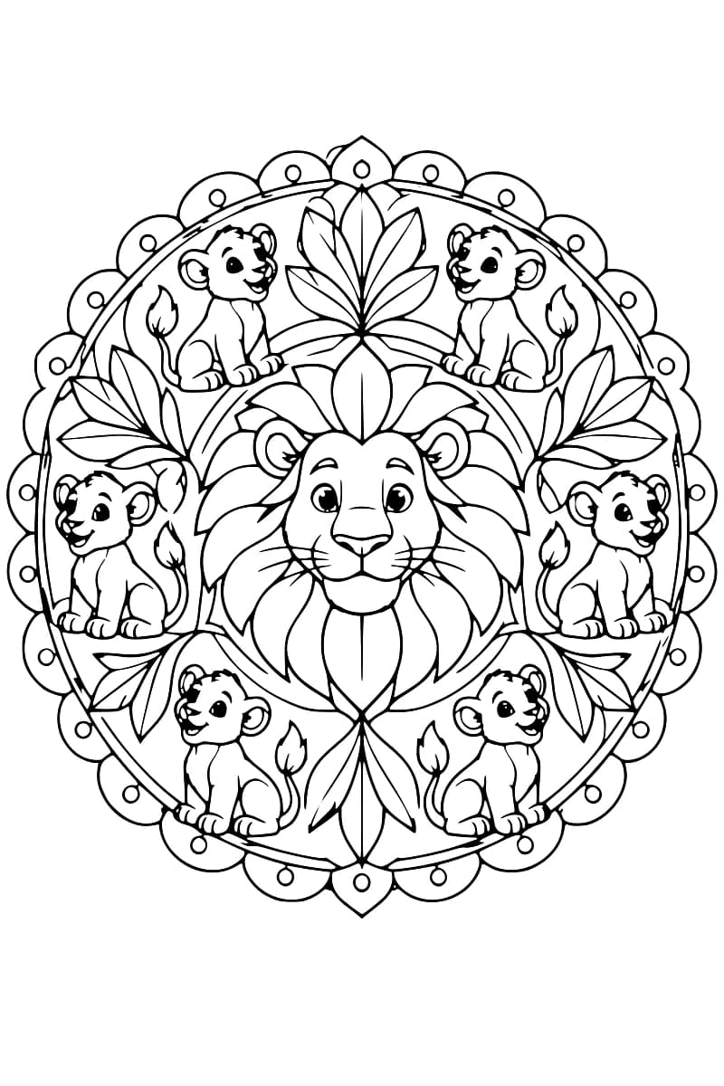 Dessin en noir et blanc d’une tête de lion à la crinière en pétales, entourée de six lionceaux assis et de motifs de feuilles, dans une bordure festonnée ornée de petits cercles.