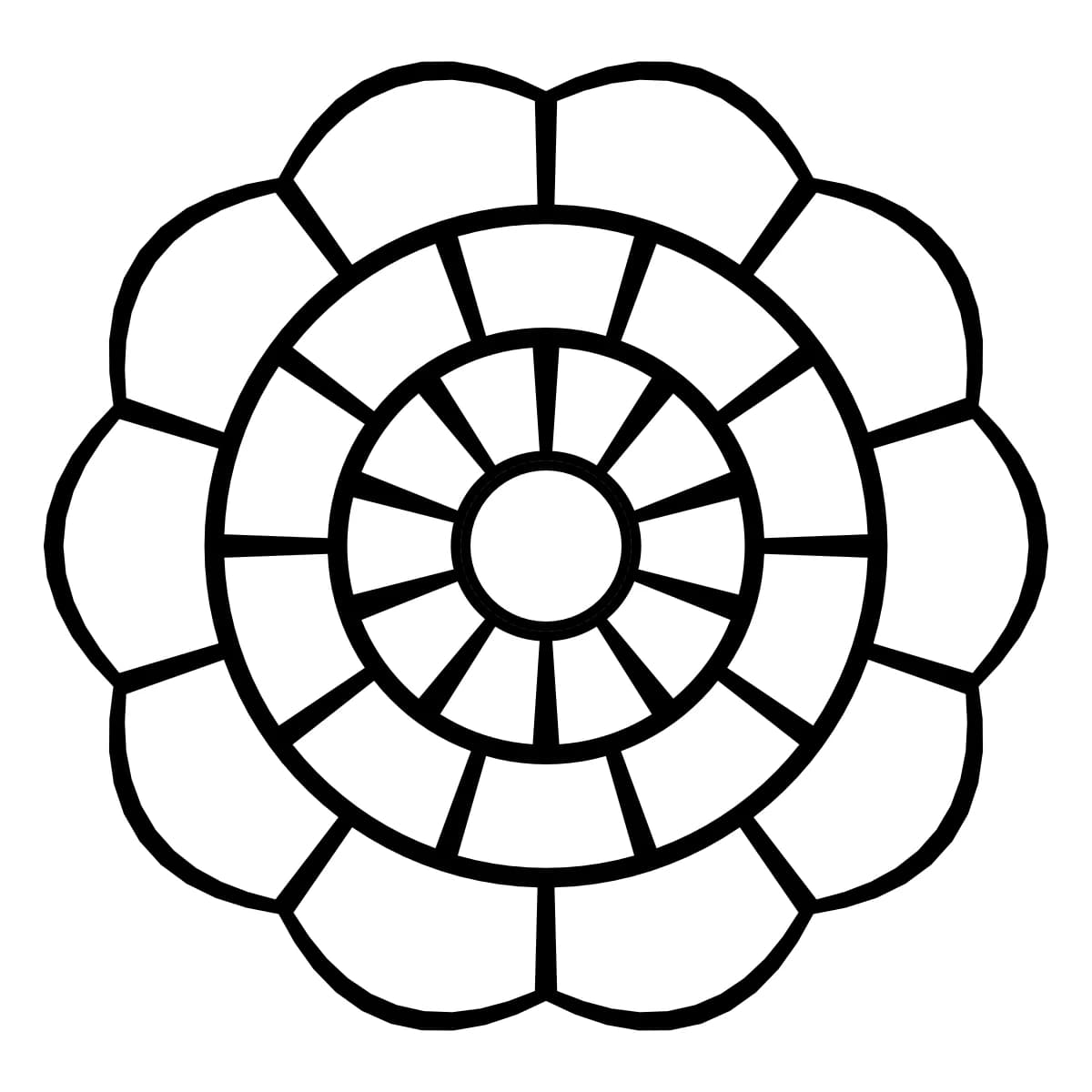 Étoile géométrique noire et blanche à 10 branches symétriques, avec 3 anneaux.