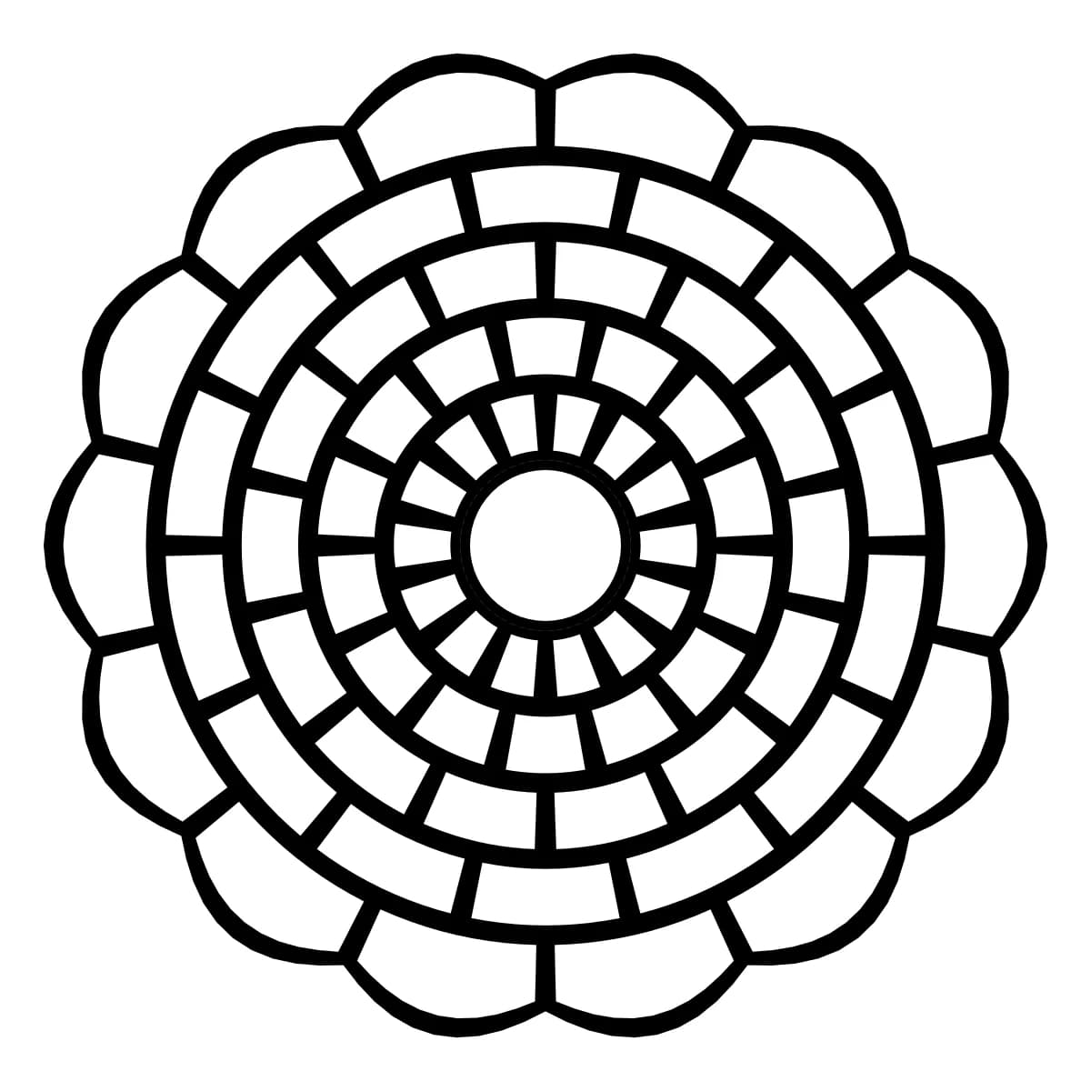 Étoile géométrique noire et blanche à 14 branches symétriques, avec 5 anneaux.