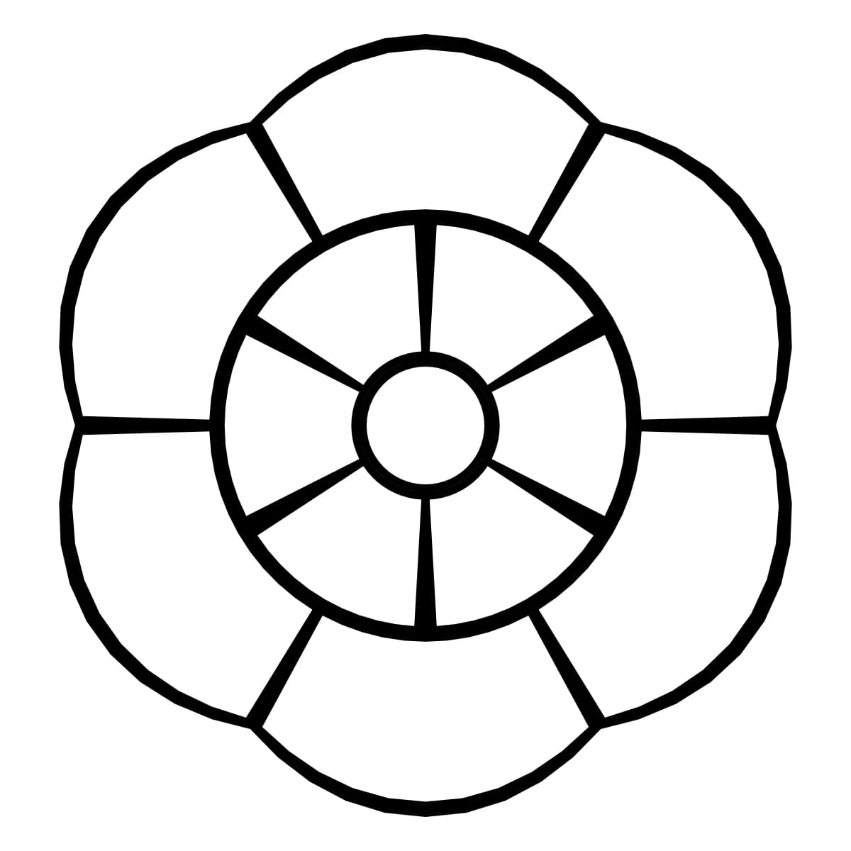Dessin noir et blanc à 6 branches symétriques, avec 2 anneaux concentriques.