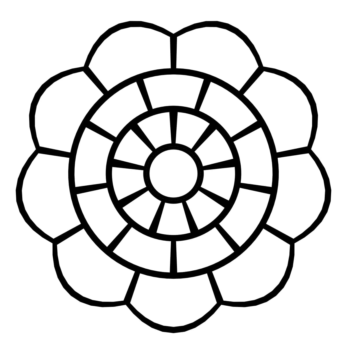 Fleur géométrique noire et blanche à 9 pointes, avec 3 anneaux concentriques.