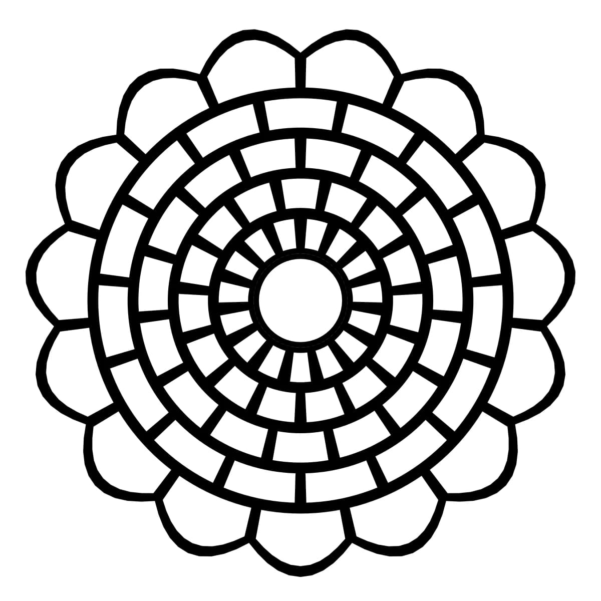 Fleur géométrique noire et blanche à 15 rayons, avec 5 anneaux concentriques.