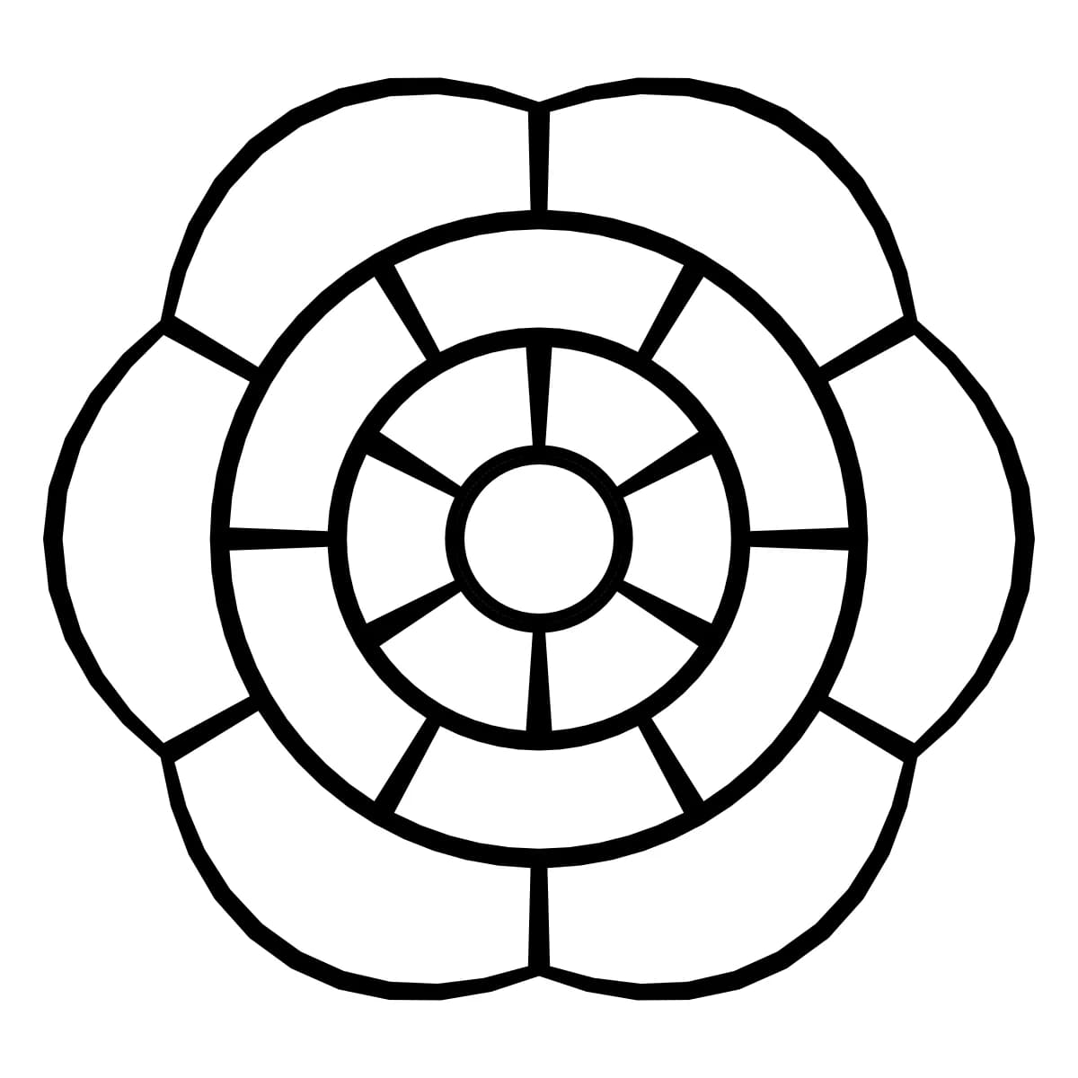 Fleur géométrique noire et blanche à 6 branches, entourée de 3 anneaux.