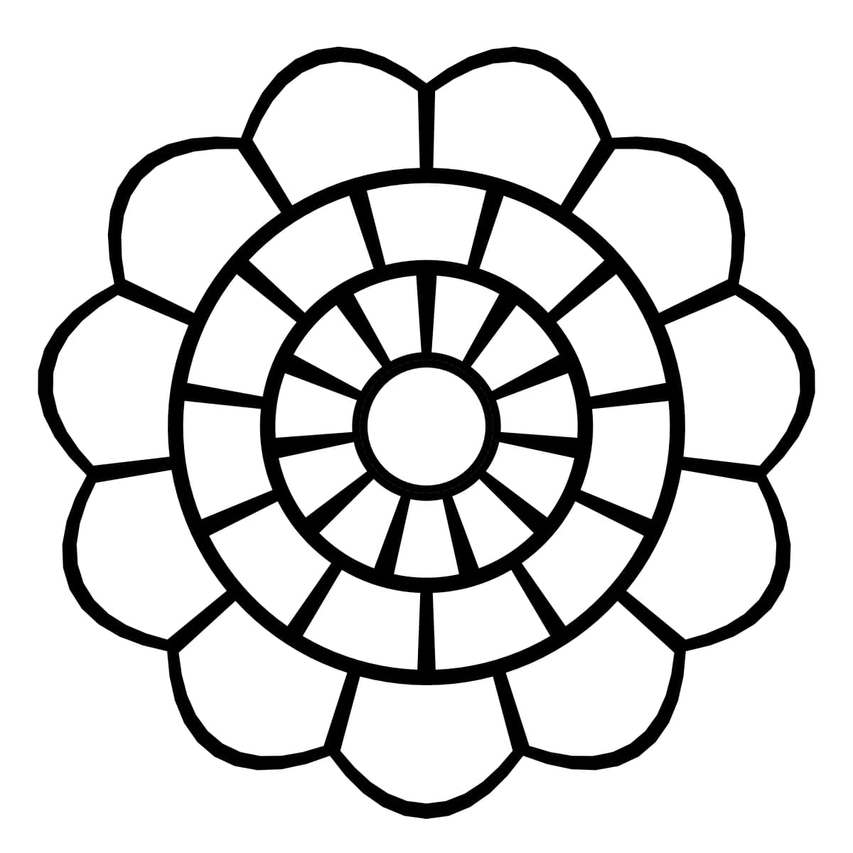 Forme florale noire et blanche à 11 rayons, avec 3 anneaux concentriques.