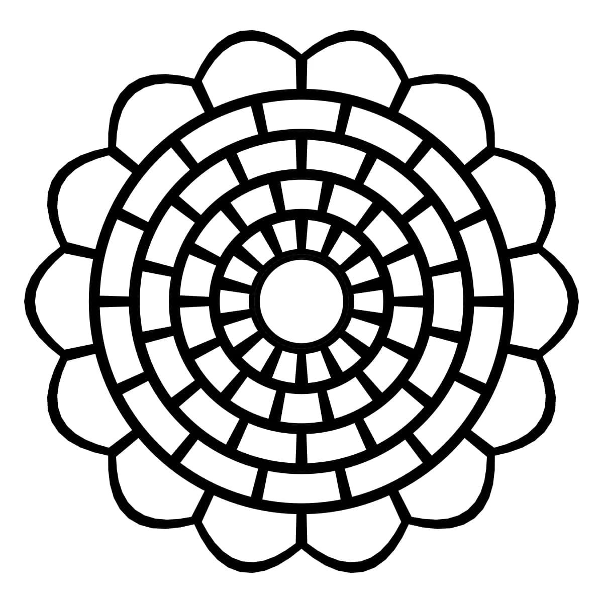 Forme florale noire et blanche à 14 rayons, avec 5 anneaux concentriques.