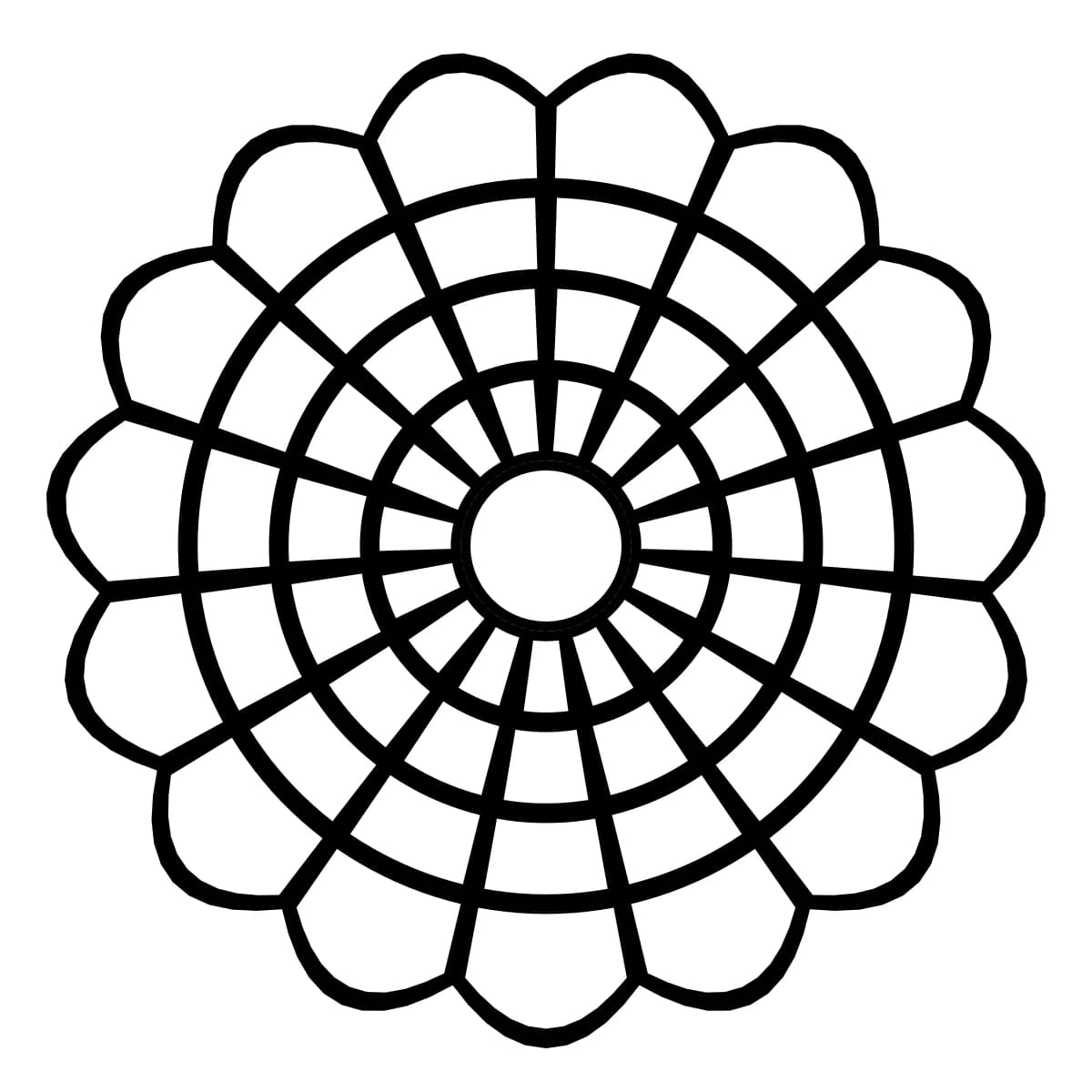 Rosace noire et blanche à 15 pétales symétriques, avec 4 anneaux concentriques.