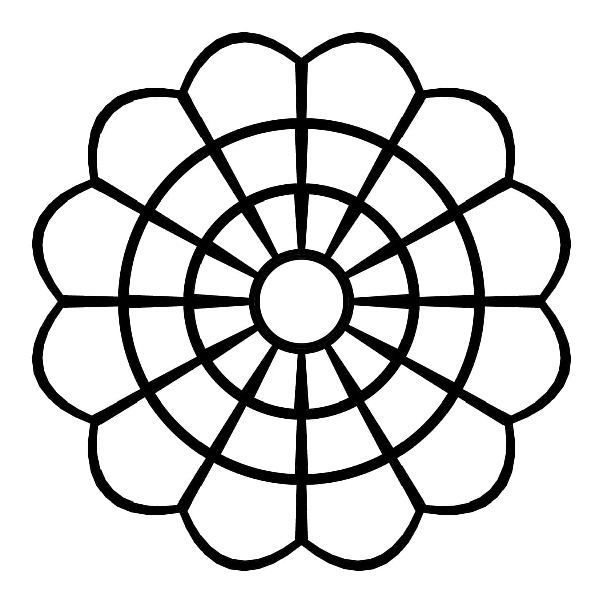 Roue géométrique noire et blanche à 12 rayons symétriques, avec 3 anneaux.