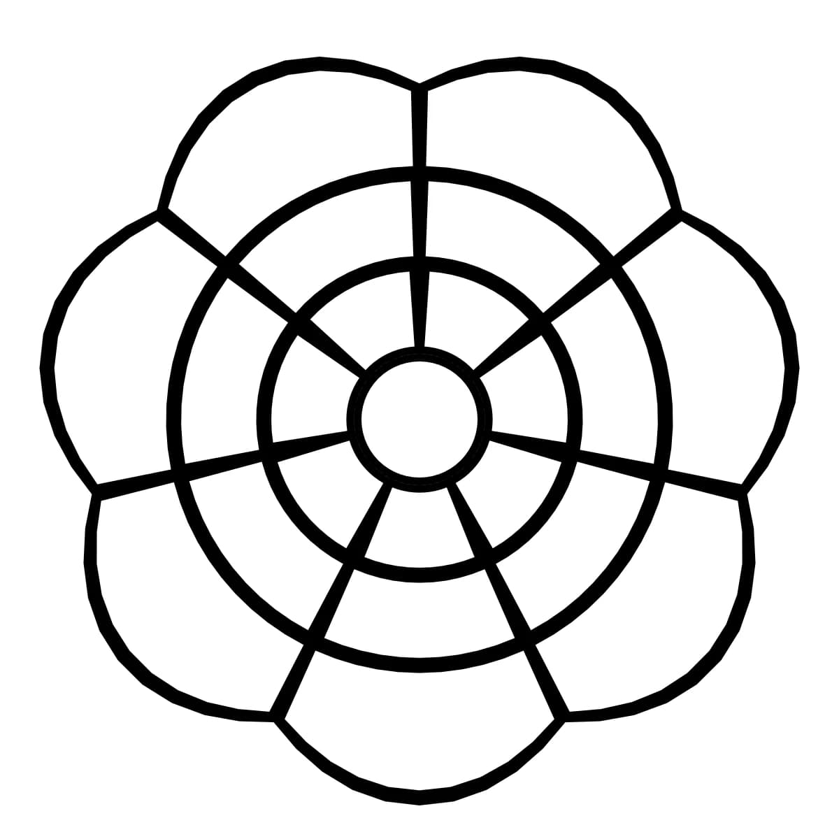 Roue géométrique noire et blanche à 7 branches, avec 3 anneaux concentriques.