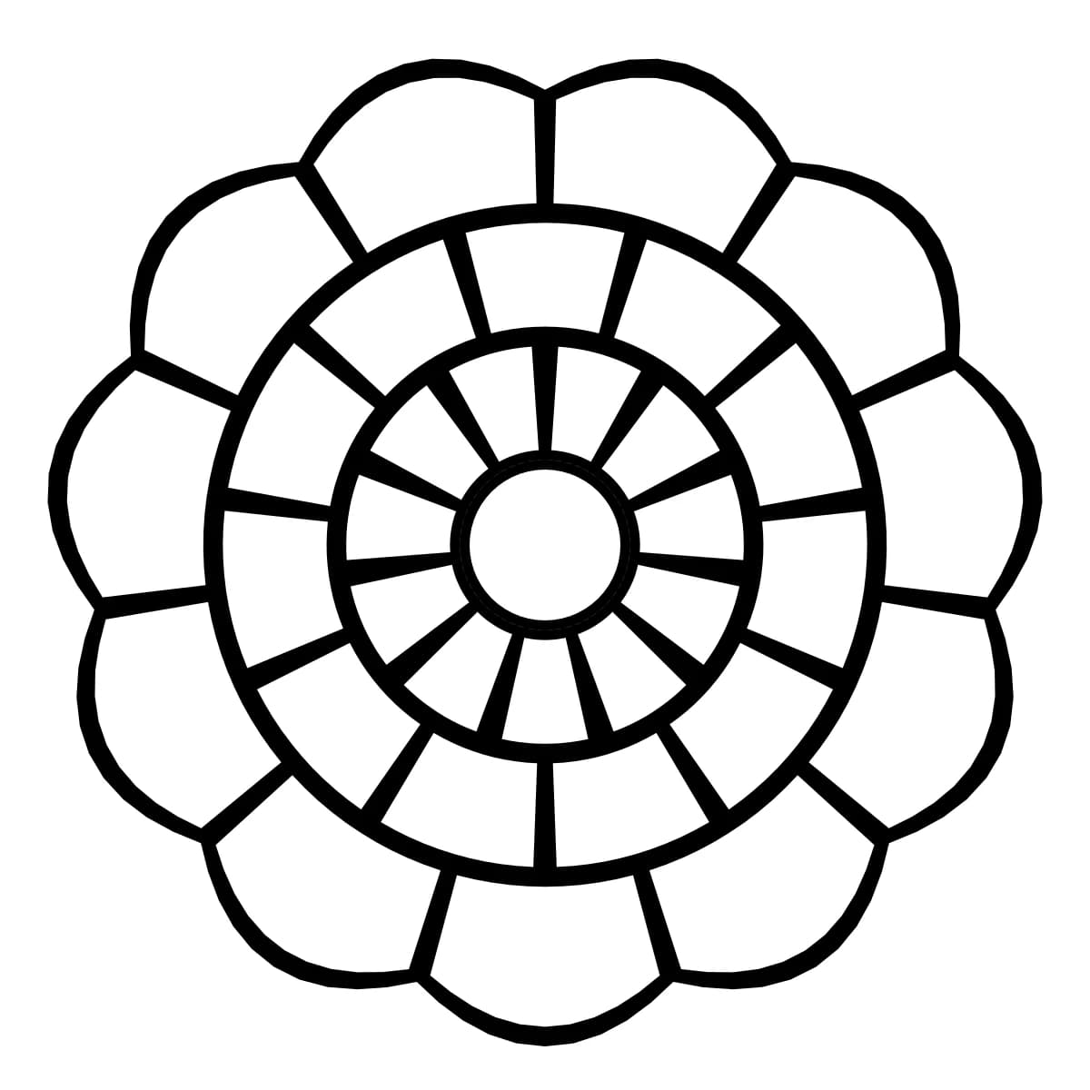 Soleil géométrique noir et blanc à 11 branches symétriques, avec 3 anneaux.