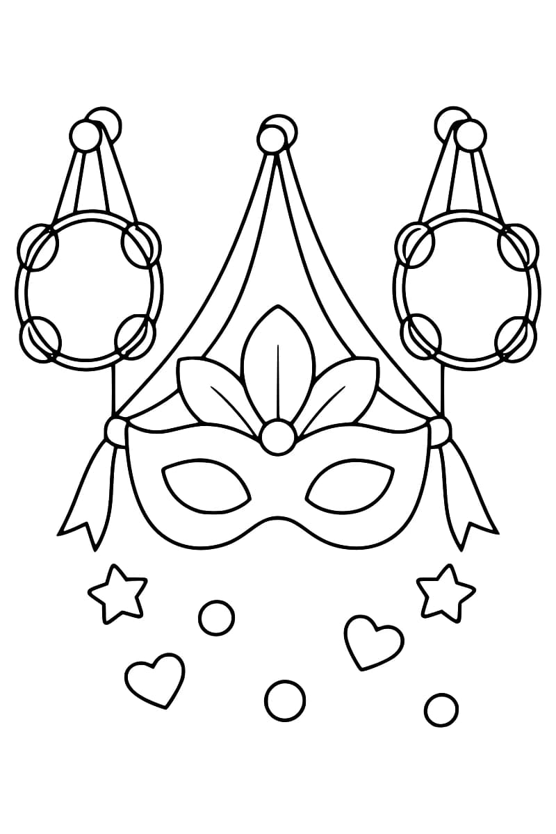 Dessin au trait noir sur fond blanc d’un masque à trois plumes, suspendu entre deux tambourins, avec des rubans sur les côtés et des étoiles, des cœurs et des ronds en dessous.
