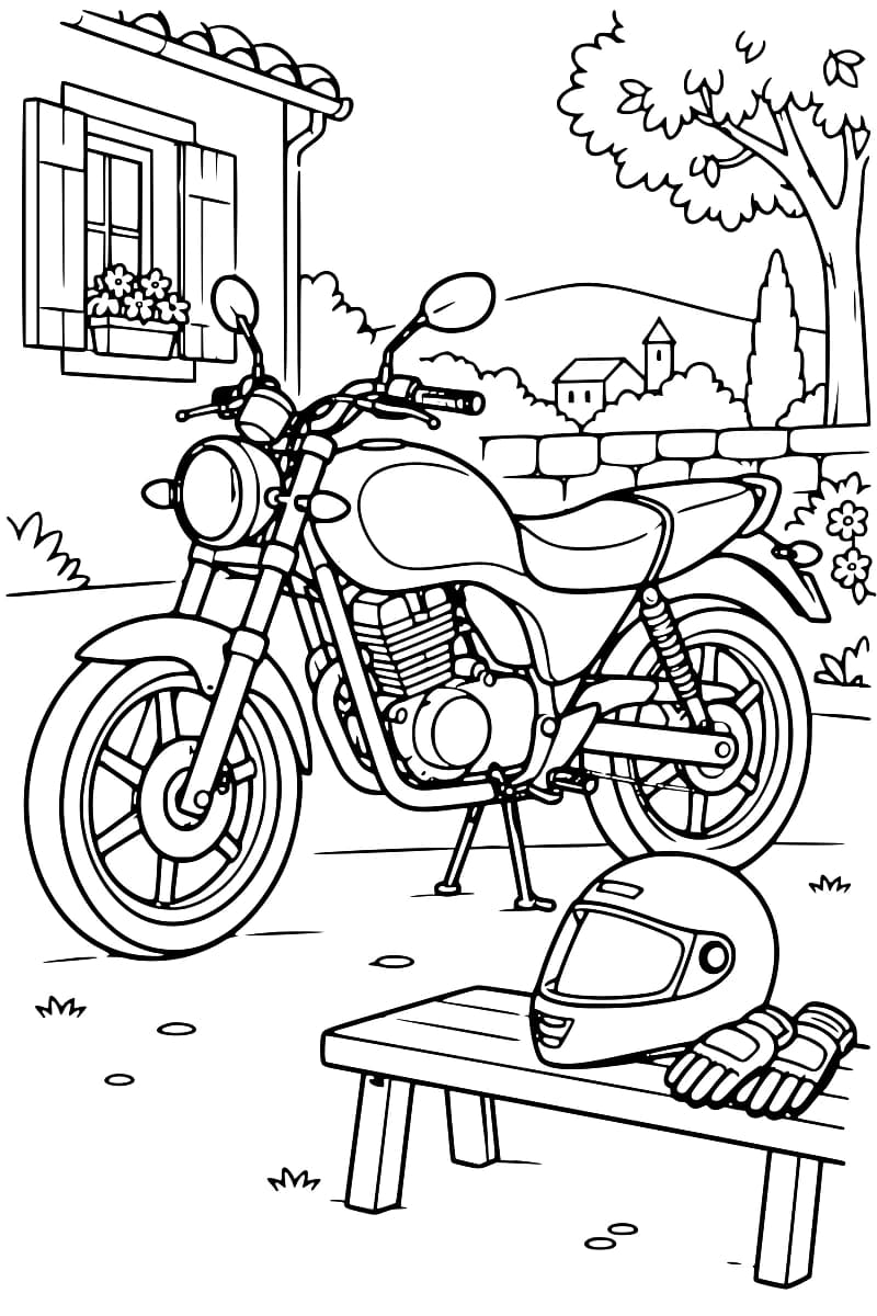 Dessin au trait noir d’une moto près d’un banc portant un casque intégral et des gants, devant une maison avec une fenêtre fleurie, un muret et un arbre.