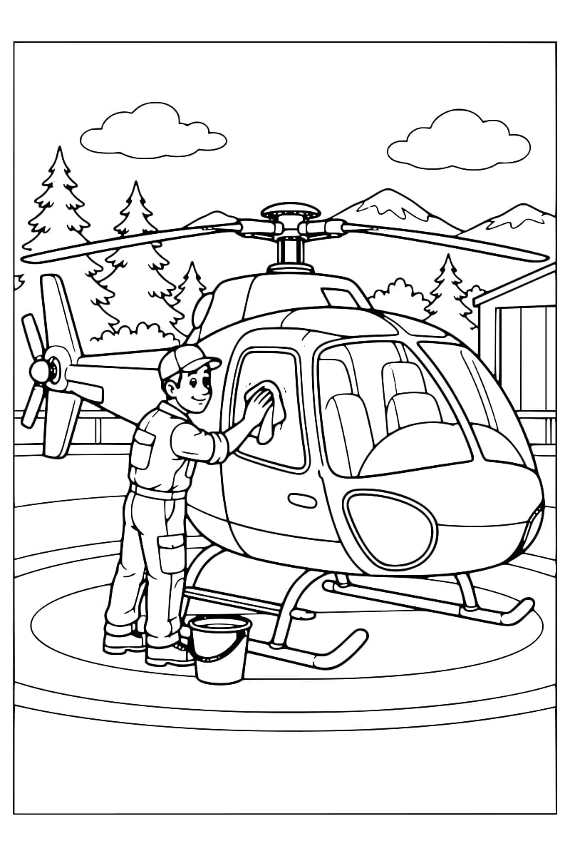 Dessin en noir et blanc d’une personne en casquette essuyant la vitre d’un hélicoptère, avec un seau à ses pieds, devant des sapins, des montagnes et un bâtiment.