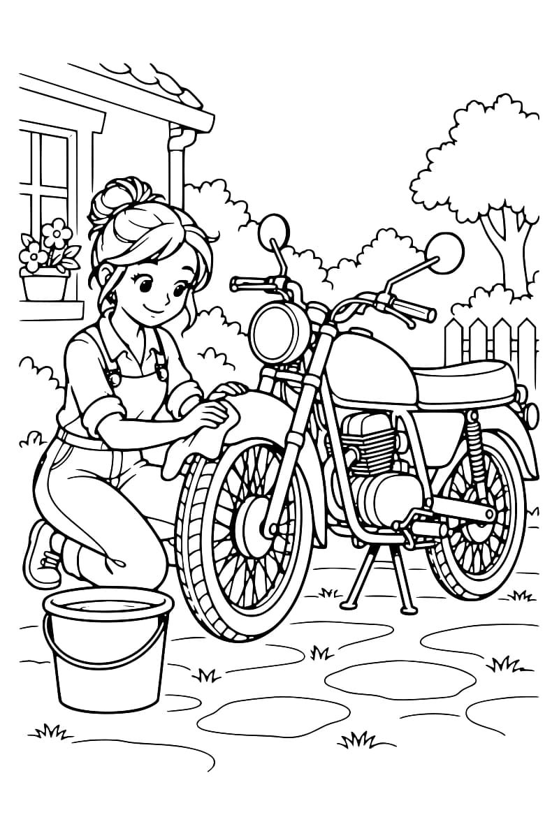 Dessin en noir et blanc d’une femme agenouillée essuyant le garde-boue avant d’une moto sur sa béquille centrale, avec un seau au premier plan et une maison, une clôture et des arbres en arrière-plan.