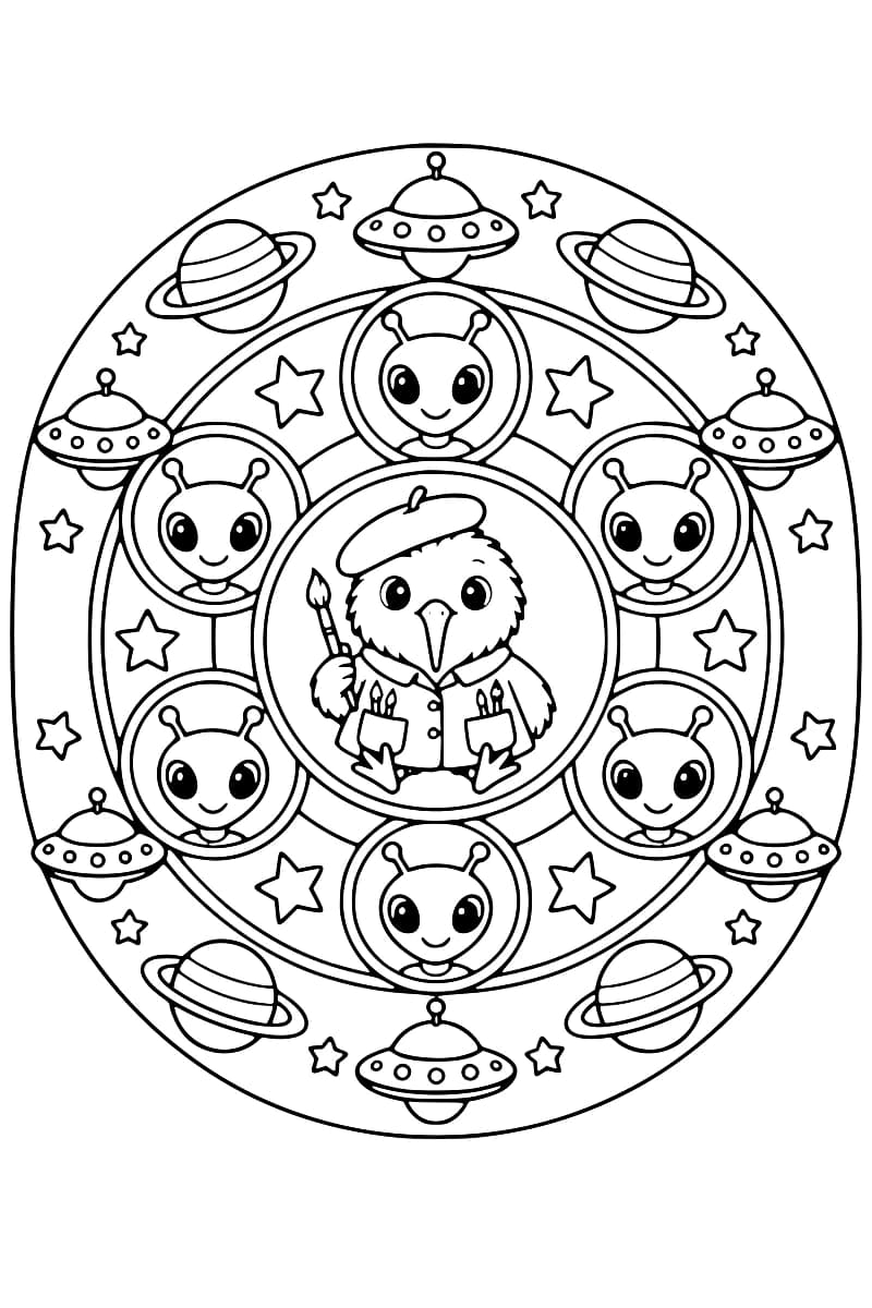 Dessin en noir et blanc d’un mandala avec, au centre, un oiseau portant un béret et tenant un pinceau, entouré de six visages extraterrestres dans des médaillons, puis de soucoupes volantes, de planètes à anneaux et d’étoiles.