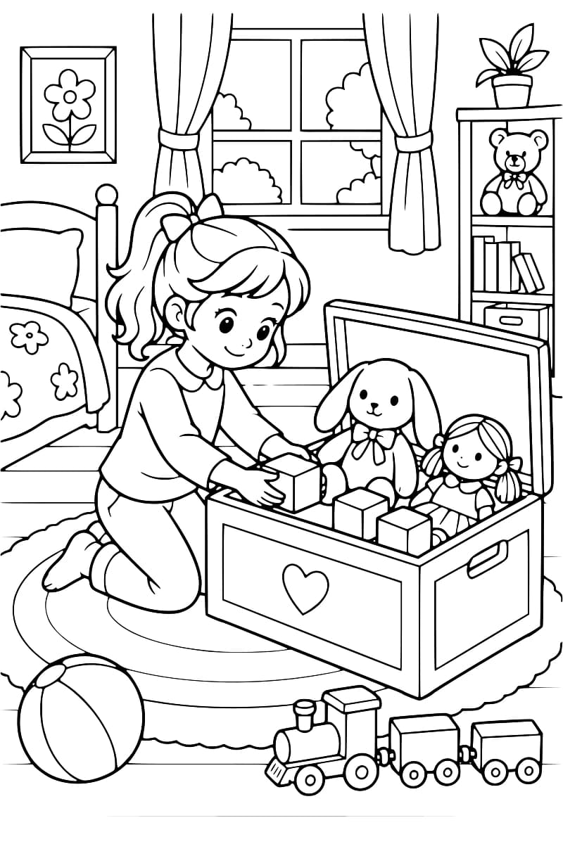 Dessin en noir et blanc d’une enfant agenouillée qui range des jouets dans un coffre ouvert, avec un train au premier plan.