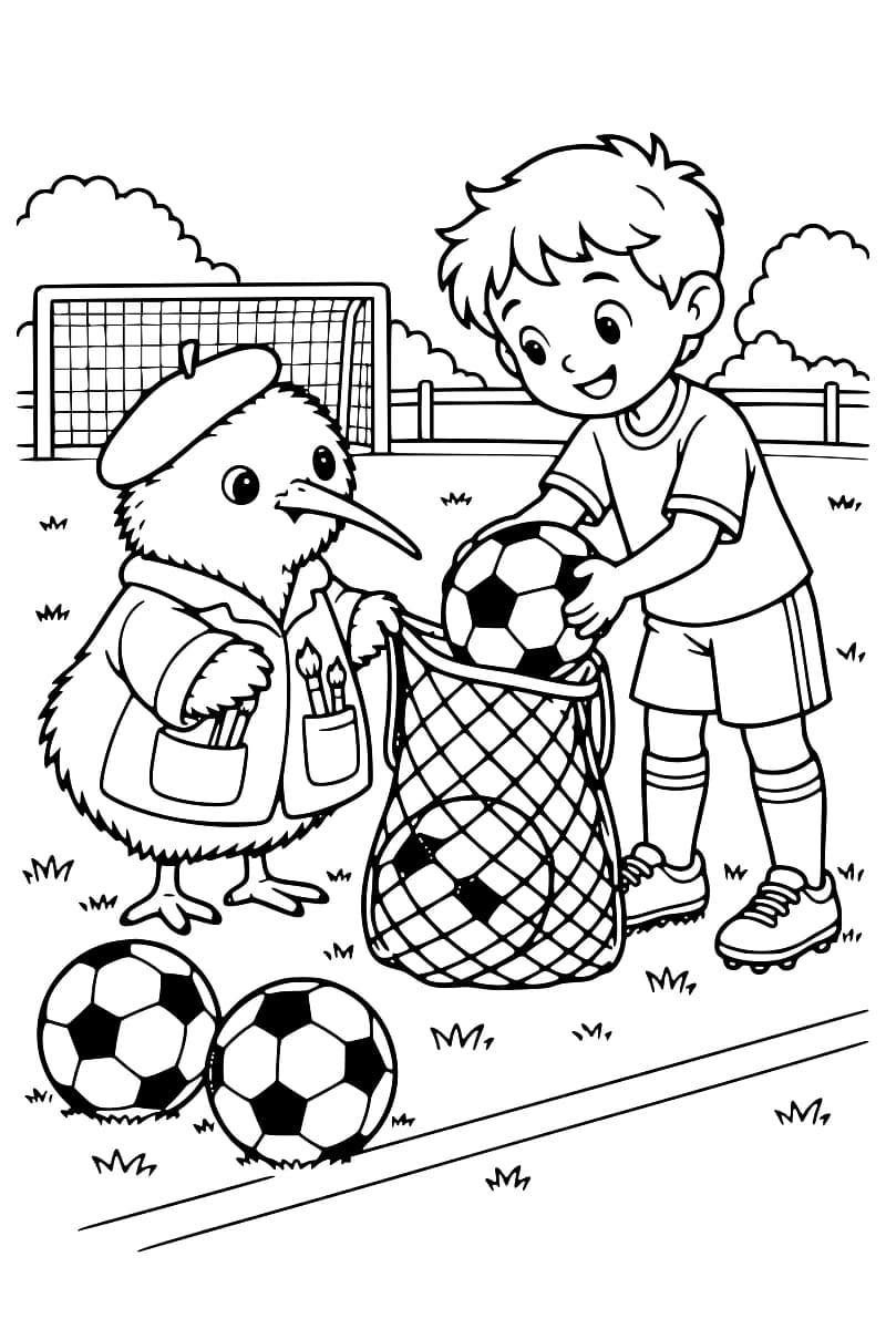 Dessin à colorier d’un enfant qui place un ballon de football dans un sac en filet tenu par un oiseau portant un béret et une veste avec des pinceaux dans les poches, avec deux ballons au sol et un but à l’arrière-plan.