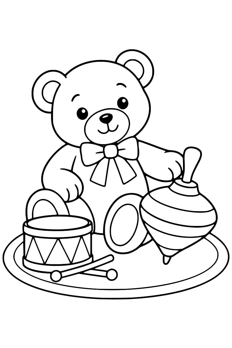 Dessin en noir et blanc d’un ours en peluche avec un tambour et une toupie.