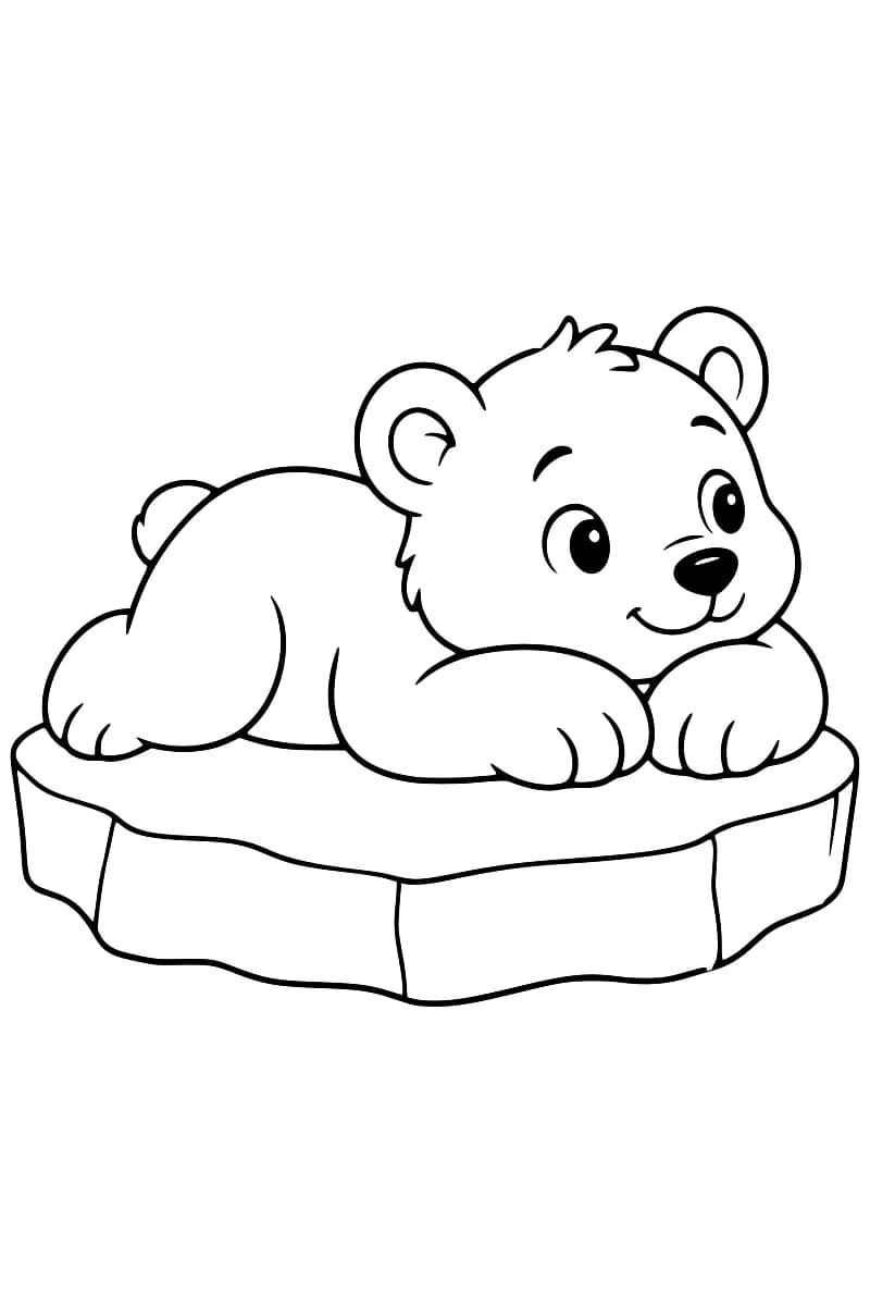 Dessin au trait noir sur fond blanc d’un ourson souriant, allongé sur une plaque de glace, les pattes avant devant lui et les yeux grands ouverts.