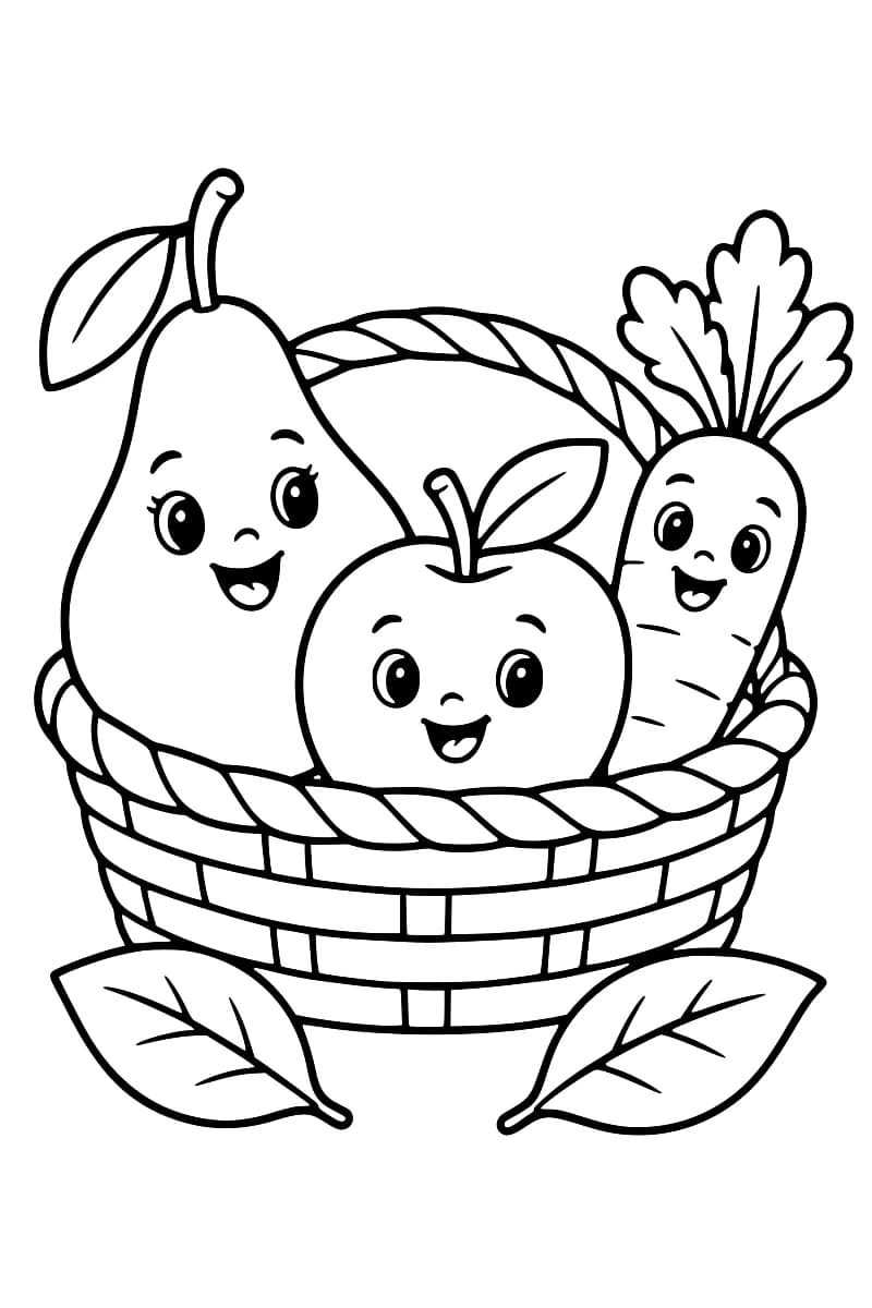 Dessin en noir et blanc d’un panier tressé contenant une poire, une pomme et une carotte avec des visages souriants et des feuilles.