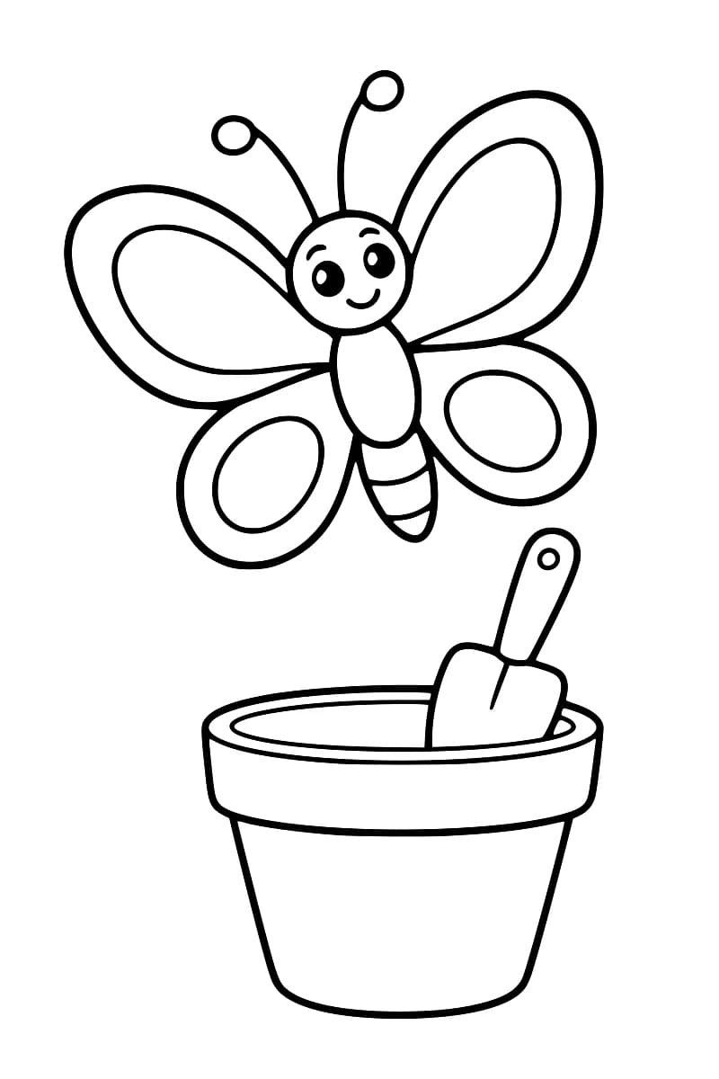 Dessin en noir et blanc d’un papillon souriant aux quatre ailes décorées de formes arrondies, au-dessus d’un pot contenant une petite pelle.