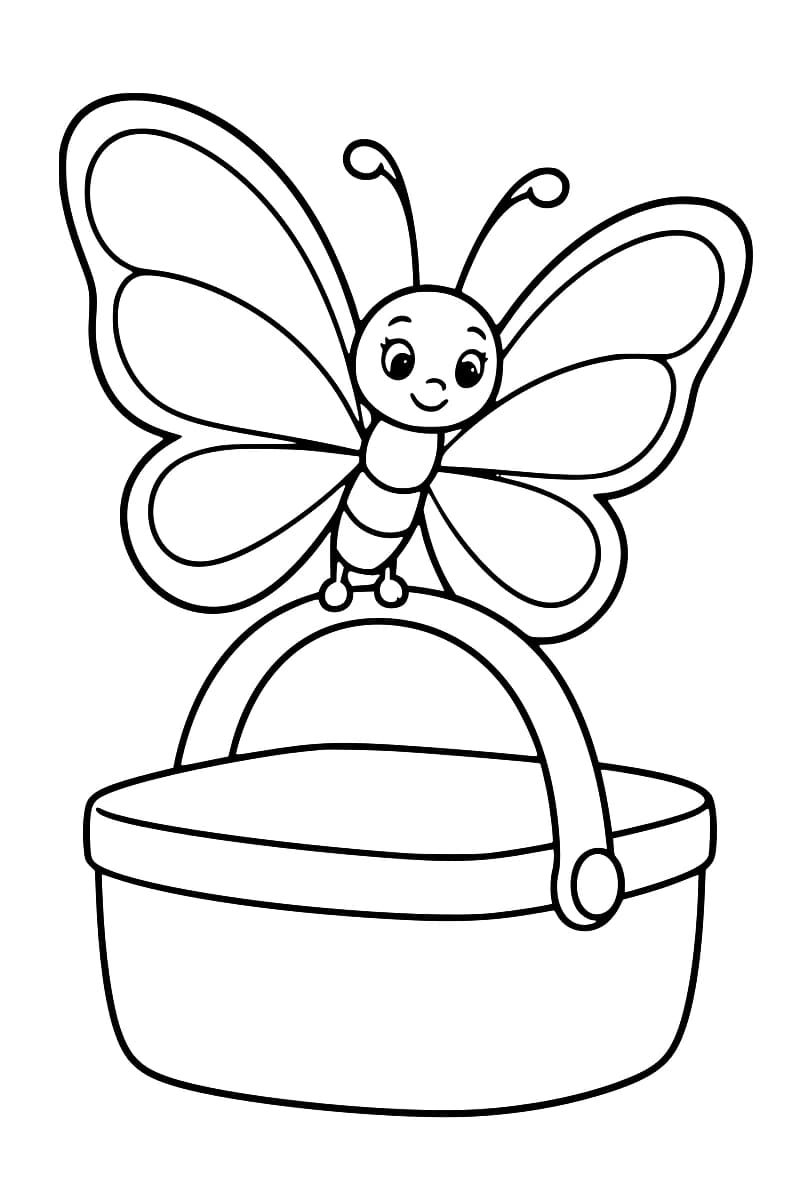 Dessin en noir et blanc d’un papillon souriant, aux antennes recourbées et aux ailes ornées de grandes formes arrondies, posé sur l’anse d’un panier.