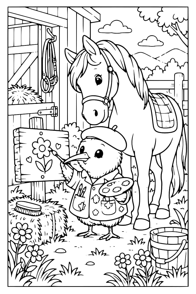 Illustration en noir et blanc montrant un petit oiseau avec une palette et un pinceau, peignant une fleur sur une planche devant une écurie, avec un cheval sellé, des fleurs et un seau autour de lui.
