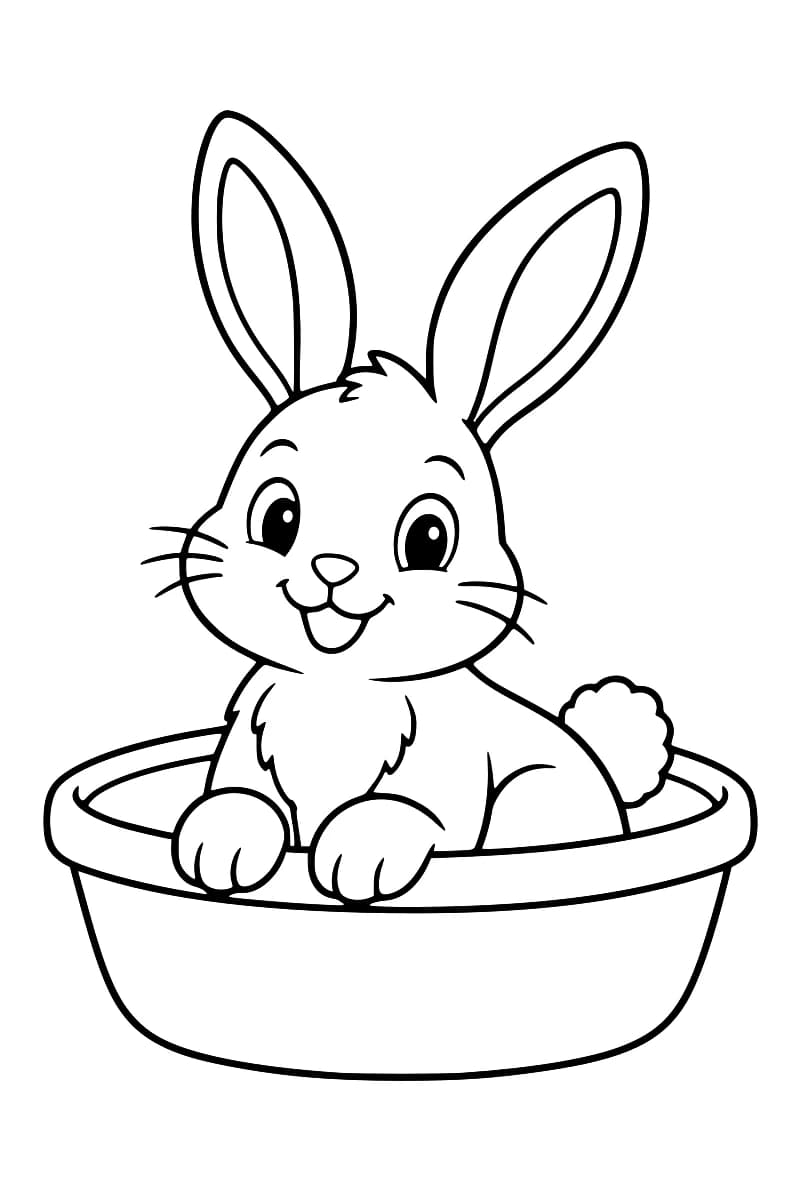 Dessin en noir et blanc d’un lapin aux longues oreilles, avec des moustaches et une queue touffue, assis dans un panier ovale, les deux pattes avant sur le bord.