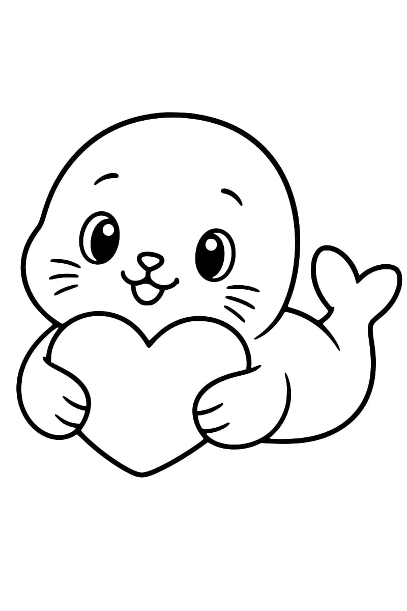 Dessin kawaii en noir et blanc d’un petit phoque tenant un cœur, avec des moustaches et une queue relevée à droite.