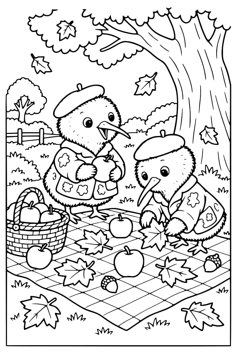 Illustration à colorier représentant deux kiwis portant des bérets et des vêtements, assis sur une couverture avec des pommes et un panier, sous un grand arbre d’automne.