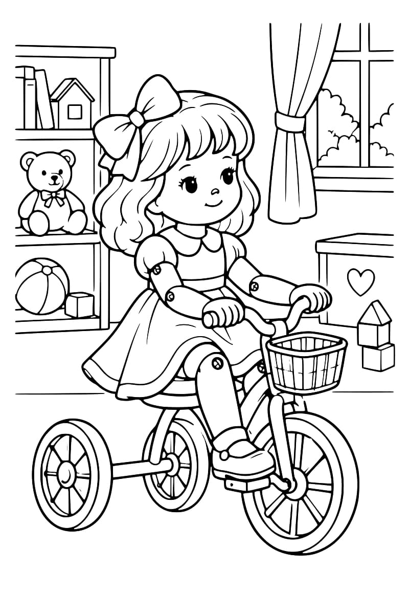 Dessin en noir et blanc d’une poupée articulée portant une robe et un grand nœud, assise sur un tricycle à panier, avec un ours en peluche, un ballon et des cubes autour d’elle.