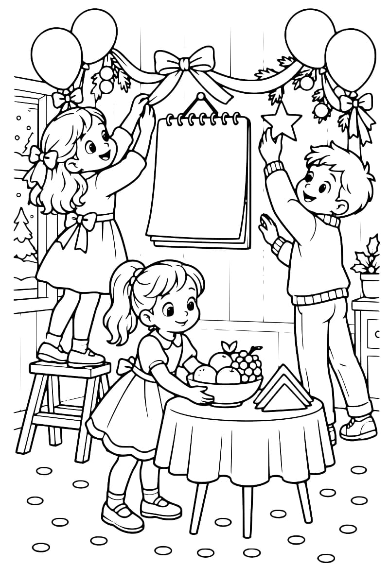Dessin en noir et blanc montrant trois enfants qui décorent une pièce avec des ballons, des rubans et des étoiles autour d’un calendrier vierge, tandis qu’une table garnie est dressée au premier plan.